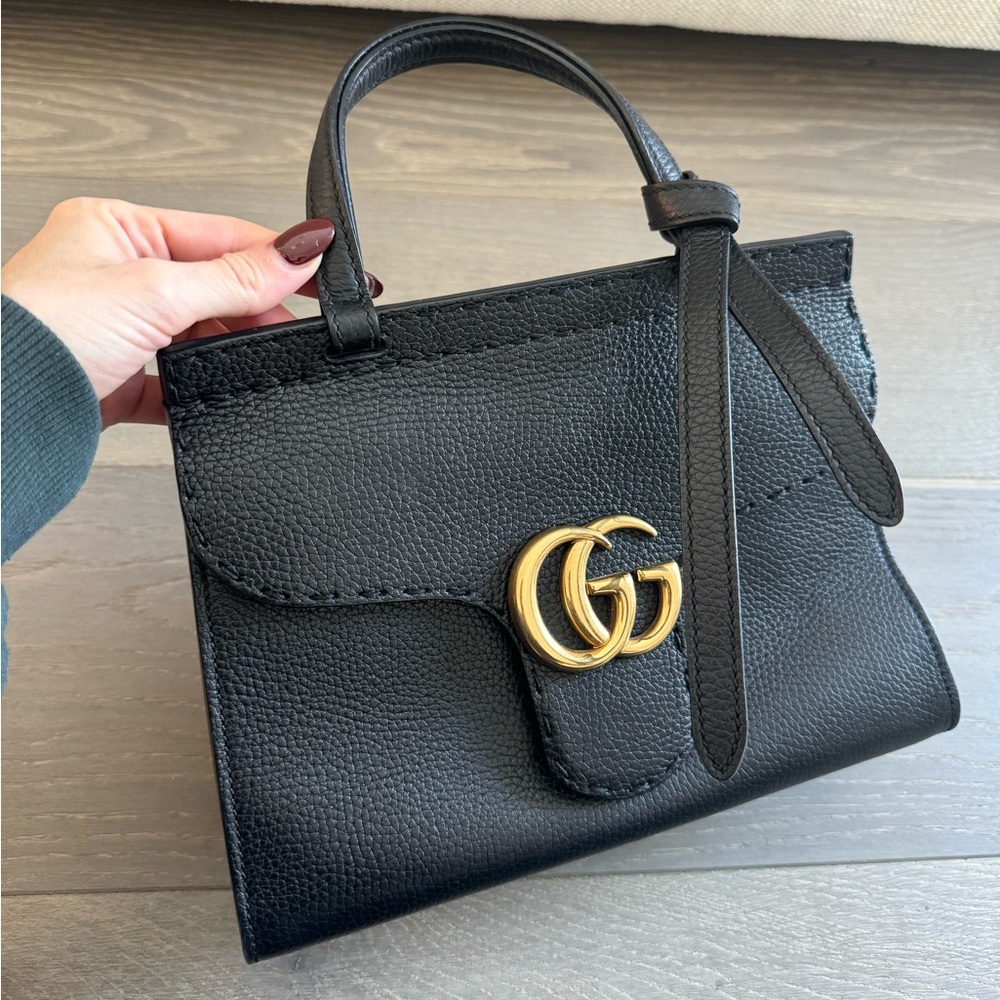 Gucci GG Marmont Top Handle Bag Black Leather Crossbody Gold Hardware